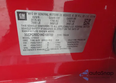 2017 Chevrolet Silverado 1500 1Lt from USA, damaged, VIN 3GCPCREC1HG108700